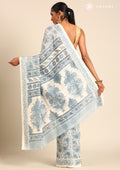 Cream And Blue Stylised A/O Paisley Pattern Linen Saree - Taashi