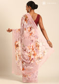Pastel Pink Watercolor Floral Printed Georgette Saree - Taashi