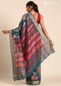 Teal Watercolor Floral Printed Tussar Saree - Taashi