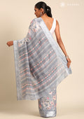 Grey A/O Floral Printed Plaids Woven Line Saree - Taashi