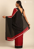 Red And Black Temple Border Printed Tussar Saree - Taashi