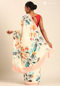 Cream Multicolor Watercolor Floral Printed Crepe Saree - Taashi