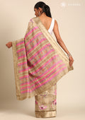 Pastel Olive Green Watercolor Floral Printed And Plaids Woven Linen Saree - Taashi