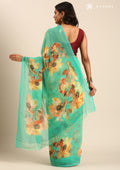 Green Watercolor Floral Printed Georgette Saree - Taashi