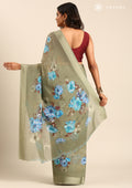 Dusty Green Floral Digital Printed Georgette Saree - Taashi