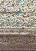 Gold & Blue Saree With Peacock Design - Taashi