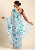 Pastel Blue Watercolor Floral Printed Georgette Saree - Taashi