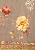 Dusty Dark Grey Floral Printed Tussar Saree - Taashi