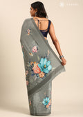 Grey Floral Digital Printed Crepe Saree - Taashi
