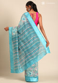 Sky Blue A/O Floral Printed Plaids Woven Line Saree - Taashi