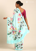 Sky Blue Multicolor Watercolor Floral Printed Crepe Saree - Taashi