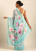 Sky Blue Floral Printed Georgette Saree - Taashi
