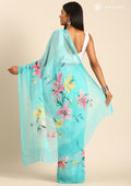Sky Blue Multicolor Floral Printed Georgette Saree - Taashi