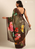 Chocolate Brown Multicolor Floral Digital Printed Georgette Saree - Taashi