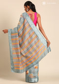 Powder Blue Watercolor Floral Printed And Plaids Woven Linen Saree - Taashi