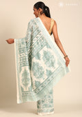 Cream And Sage Green Stylised A/O Paisley Pattern Linen Saree - Taashi