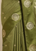 Olive Green Peacock Jacquard Pattern Tussar Saree - Taashi