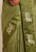 Olive Green Jacquard Pattern Placement Tussar Saree - Taashi