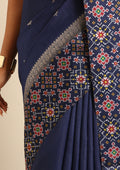 Navy Blue Ikat Pattern And Tradition Pattern Woven Tussar Saree - Taashi