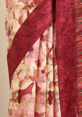 Maroon Watercolor Floral Printed And Plaids Woven Linen Saree - Taashi