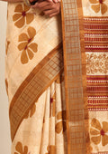 Mustard Yellow Hibiscus Printed Tussar Saree - Taashi