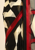Black And Cream Geometric Printed Chiffon Saree - Taashi