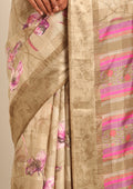 Pastel Olive Green Watercolor Floral Printed And Plaids Woven Linen Saree - Taashi