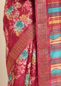 Dark Pink Watercolor Floral Printed Tussar Saree - Taashi