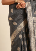 Dark Grey Floral Butta Pattern Tussar Saree - Taashi