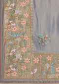 Metallic Dusty Blue Nature InspiRed Embroiderd Tissue Saree - Taashi
