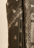 Dusty Green Zari Floral Butta Tussar Saree - Taashi