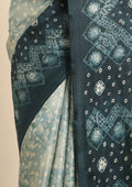 Teal Batik Printed Art Tussar Matka Silk Saree - Taashi