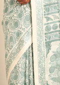 Cream And Sage Green Stylised A/O Paisley Pattern Linen Saree - Taashi