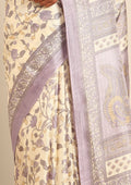 Cream And Mauve Jaal Floral Printed Art Tussar Matka Silk Saree - Taashi
