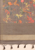 Graphite Floral, Flamingo Printed And Zari Stripes Tussar Saree - Taashi