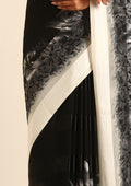 Black Abstract Floral Printed And Striped Chiffon Saree - Taashi