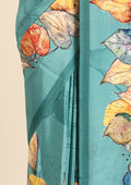 Pastel Blue Leaf Digital Printed Crepe Saree - Taashi