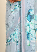 Pastel Blue Watercolor Floral Printed Georgette Saree - Taashi