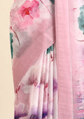Pastel Pink Watercolor Floral Printed Georgette Saree - Taashi