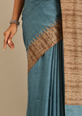 Blue Temple Border Printed Tussar Saree - Taashi