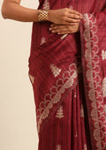 Maroon Zari Floral Butta Tussar Saree - Taashi