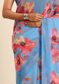 Dusty Blue Watercolor Floral Printed Georgette Saree - Taashi