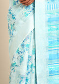 Blue Watercolor Floral Printed And Plaids Woven Linen Saree - Taashi