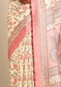 Cream And Dusty Pink Jaal Floral Printed Art Tussar Matka Silk Saree - Taashi