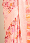 Pastel Pink Watercolor Floral Printed And Plaids Woven Linen Saree - Taashi