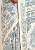 Cream And Blue Stylised A/O Paisley Pattern Linen Saree - Taashi