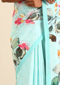 Sky Blue Multicolor Watercolor Floral Printed Crepe Saree - Taashi