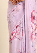 Pastel Lavender Watercolor Floral Printed Georgette Saree - Taashi