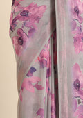 Grey Watercolor Floral Printed Georgette Saree - Taashi