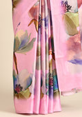 Pink Watercolor Floral Digital Printed Satin Saree - Taashi